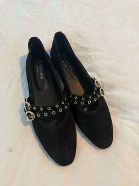 A. Soliani Black Suede Mary Jane Flats with Double Grommet Strap EUC 0762